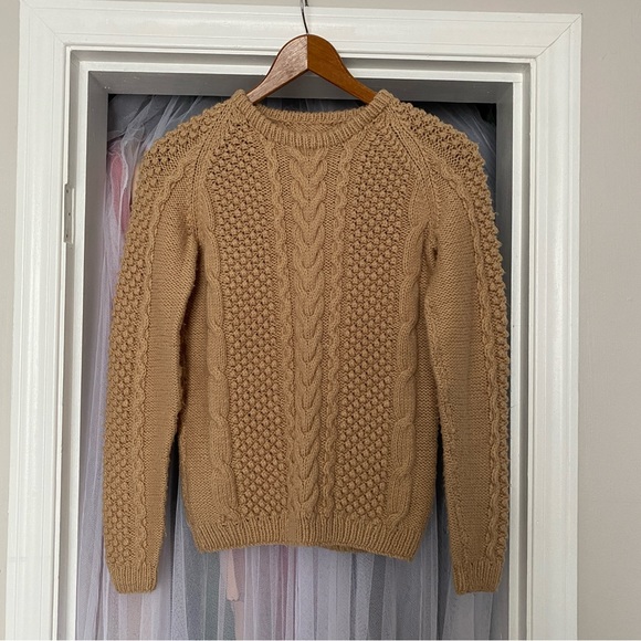 Vintage Hand Knitted Pullover Sweater - Tan Aran Knit - Picture 5 of 7